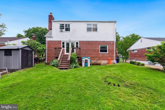 1612 Belvedere Blvd, Silver Spring, MD 20902 - back of house with a wooden deck, brick siding, a lawn, a chimney, and stairway