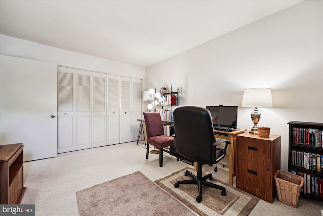 home office featuring light carpet