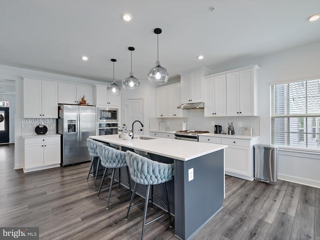 9929 Pesade Way, Upper Marlboro, MD 20772 - kitchen with appliances with stainless steel finishes, under cabinet range hood, a sink, decorative backsplash, and recessed lighting