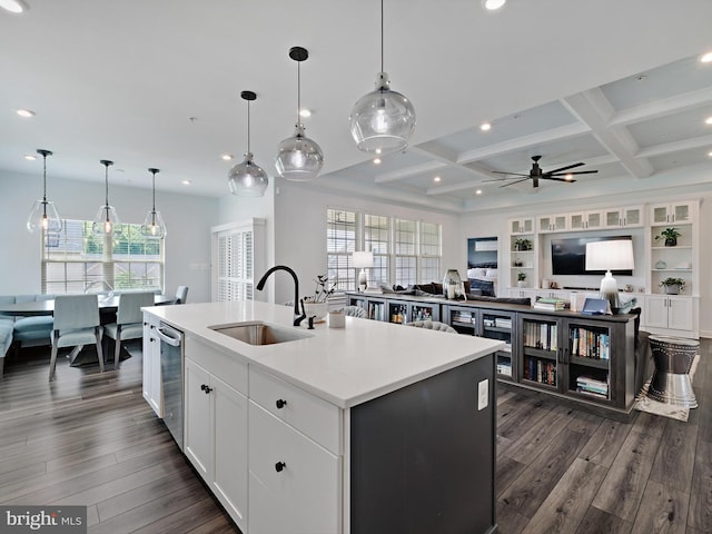 9929 Pesade Way, Upper Marlboro, MD 20772 - kitchen featuring a sink, an island with sink, dark wood-style flooring, coffered ceiling, and ceiling fan