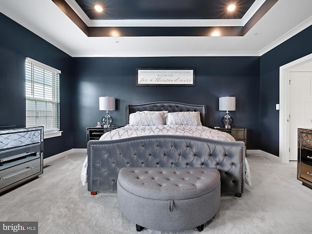 9929 Pesade Way, Upper Marlboro, MD 20772 - bedroom with light carpet, a raised ceiling, baseboards, recessed lighting, and ornamental molding