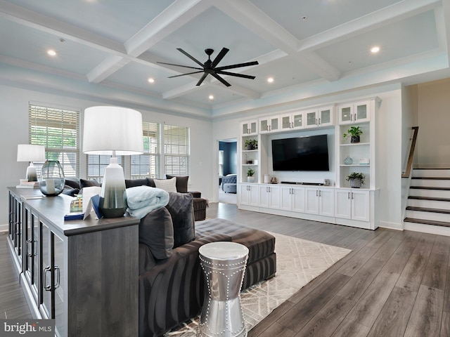 9929 Pesade Way, Upper Marlboro, MD 20772 - living room featuring a ceiling fan, coffered ceiling, dark wood finished floors, baseboards, and beam ceiling