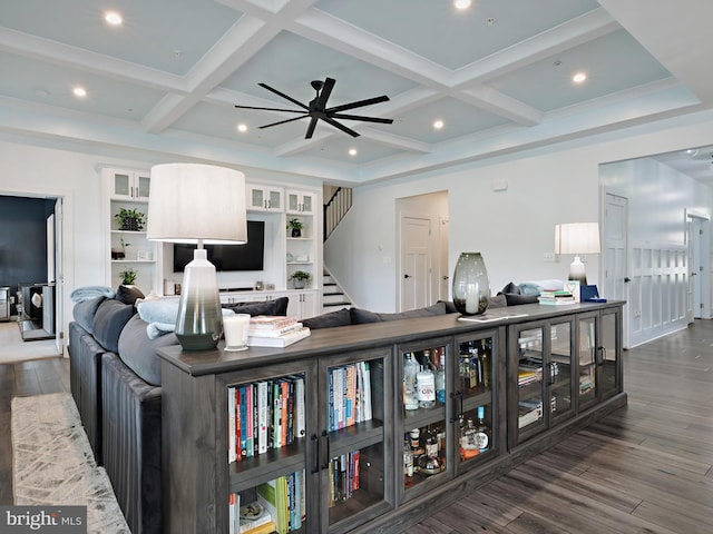 9929 Pesade Way, Upper Marlboro, MD 20772 - living room with wood finished floors, coffered ceiling, beamed ceiling, stairs, and ceiling fan