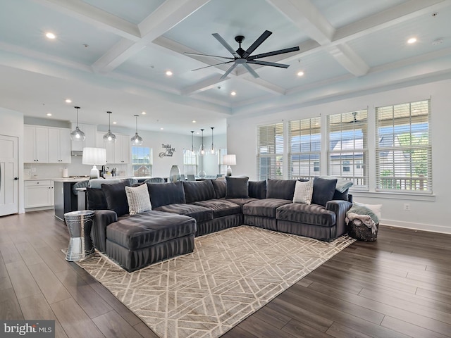 9929 Pesade Way, Upper Marlboro, MD 20772 - living area with coffered ceiling, a ceiling fan, dark wood-type flooring, beam ceiling, and recessed lighting