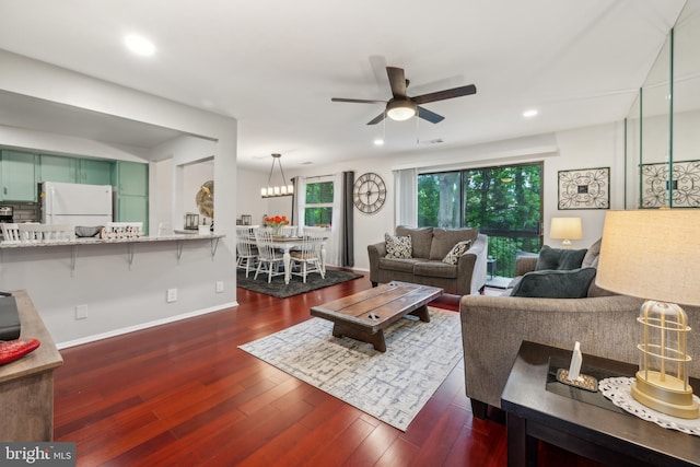115 E Kings Hwy Unit # 104, Maple Shade, NJ 08052 - living room with a ceiling fan, dark wood-style floors, recessed lighting, and baseboards