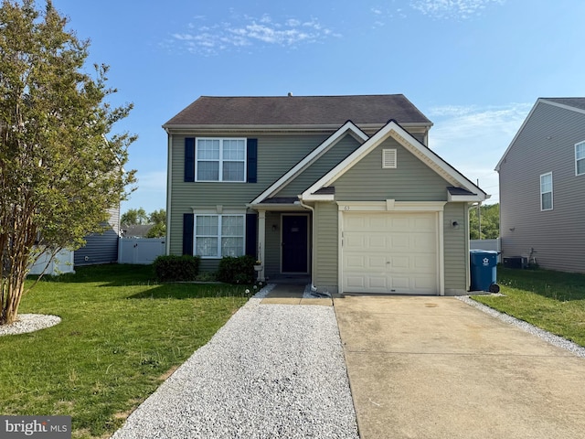 traditional-style home featuring an attached garage, concrete driveway, a front lawn, and cooling unit