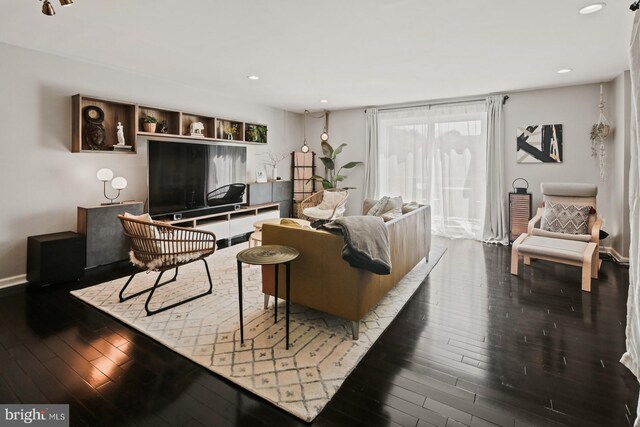 living area with wood-type flooring and recessed lighting
