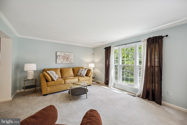 carpeted living area with crown molding, baseboards, and visible vents