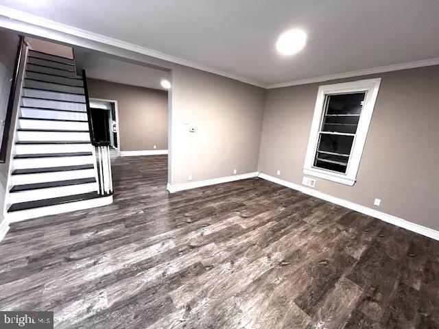 218 Cooper St, Beverly, NJ 08010 - interior space with stairs, baseboards, ornamental molding, and wood finished floors