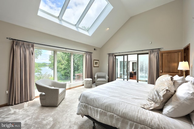 174 Springhouse Ln, Spring Grove, PA 17362 - bedroom with high vaulted ceiling, a skylight, access to outside, and a water view