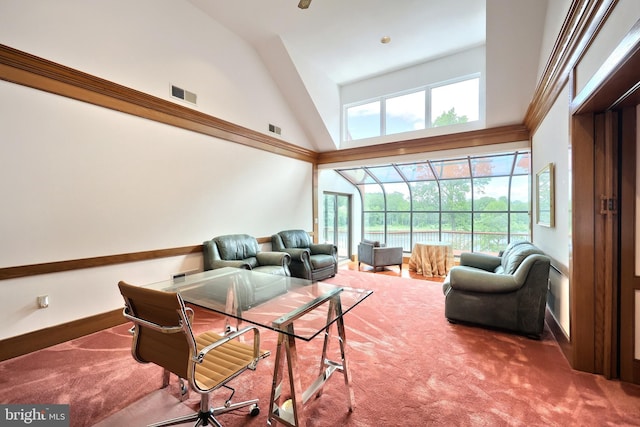 174 Springhouse Ln, Spring Grove, PA 17362 - carpeted living room with high vaulted ceiling, baseboards, and a sunroom