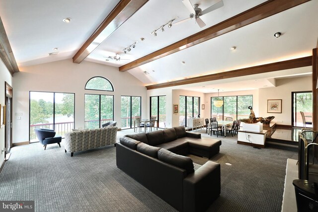 174 Springhouse Ln, Spring Grove, PA 17362 - carpeted living room with a ceiling fan, beam ceiling, baseboards, high vaulted ceiling, and recessed lighting