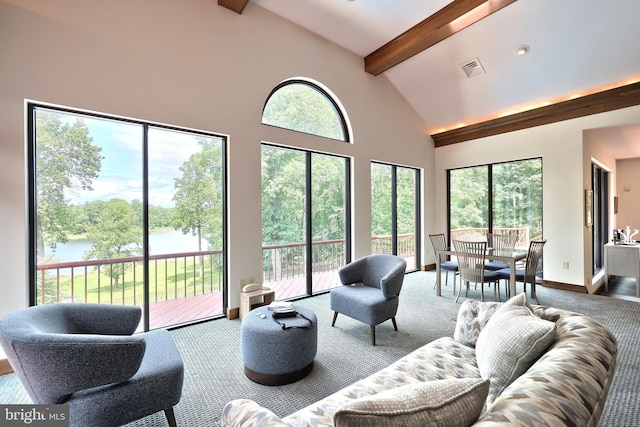174 Springhouse Ln, Spring Grove, PA 17362 - living room with carpet floors, a water view, beam ceiling, plenty of natural light, and high vaulted ceiling