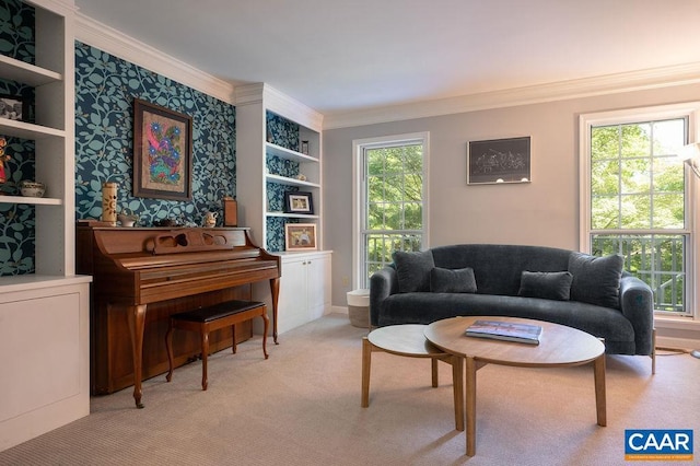 living area featuring light colored carpet and ornamental molding