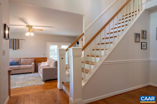 staircase featuring ceiling fan and hardwood / wood-style flooring