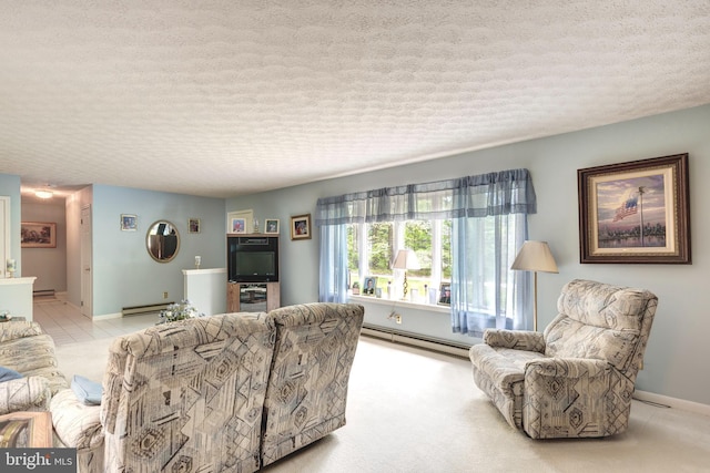 carpeted living room with baseboards, a baseboard radiator, a textured ceiling, and baseboard heating