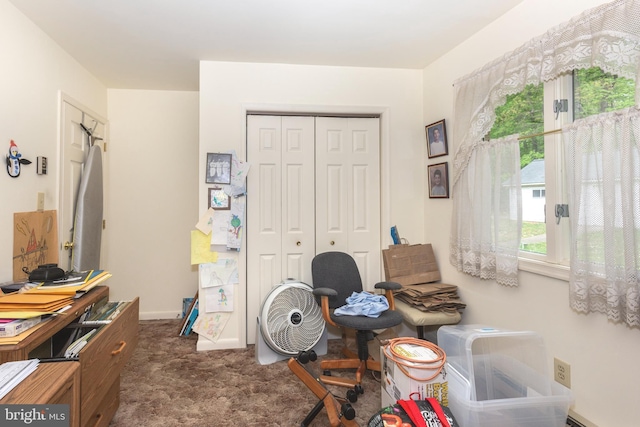 home office with carpet floors and baseboards