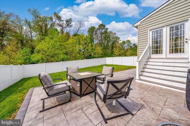 view of patio / terrace featuring a fenced backyard and an outdoor fire pit