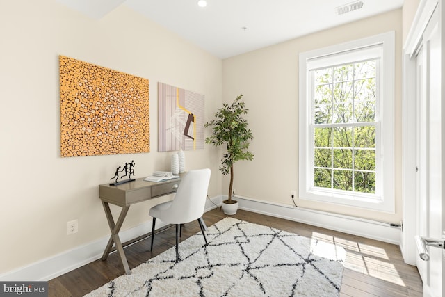 office with recessed lighting, baseboards, visible vents, and wood finished floors