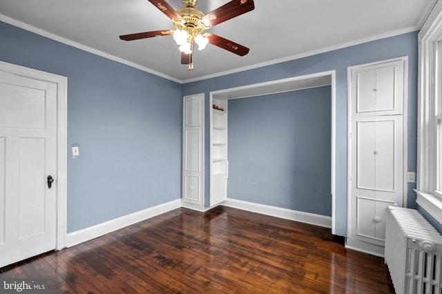 4208 Sheldon Ave, Baltimore, MD 21206 - unfurnished bedroom featuring radiator heating unit, baseboards, dark wood-style floors, crown molding, and a ceiling fan