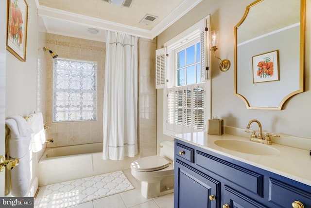 bathroom featuring shower / bath combo, tile patterned floors, vanity, toilet, and ornamental molding