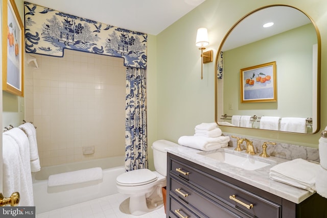 full bathroom featuring toilet, tile patterned floors, shower / tub combo, and vanity