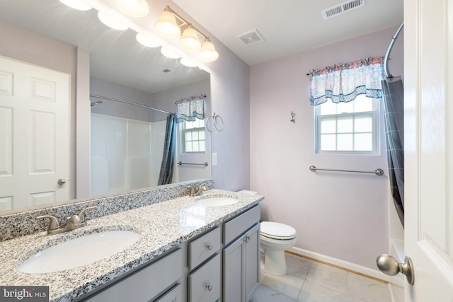 full bathroom featuring a sink, plenty of natural light, toilet, and visible vents