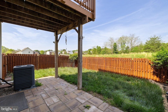 view of patio featuring central AC and a fenced backyard
