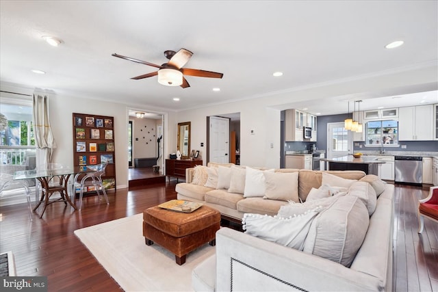 living area featuring crown molding, recessed lighting, and dark wood-type flooring