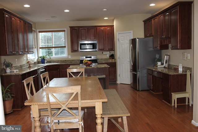 kitchen with appliances with stainless steel finishes, a sink, recessed lighting, a kitchen island, and dark wood-style floors