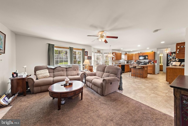 191 Willets Ave, Little Egg Harbor Twp, NJ 08087 - living room featuring recessed lighting, ceiling fan, light colored carpet, and light tile patterned flooring