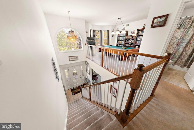 191 Willets Ave, Little Egg Harbor Twp, NJ 08087 - staircase with an inviting chandelier and carpet floors