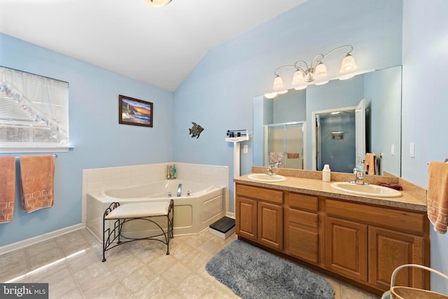 191 Willets Ave, Little Egg Harbor Twp, NJ 08087 - full bath with a sink, a bath, a stall shower, and vaulted ceiling