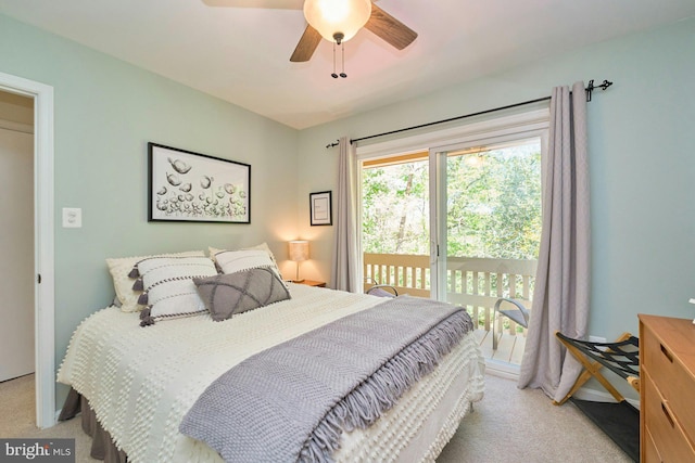 bedroom with access to outside, a ceiling fan, and light colored carpet