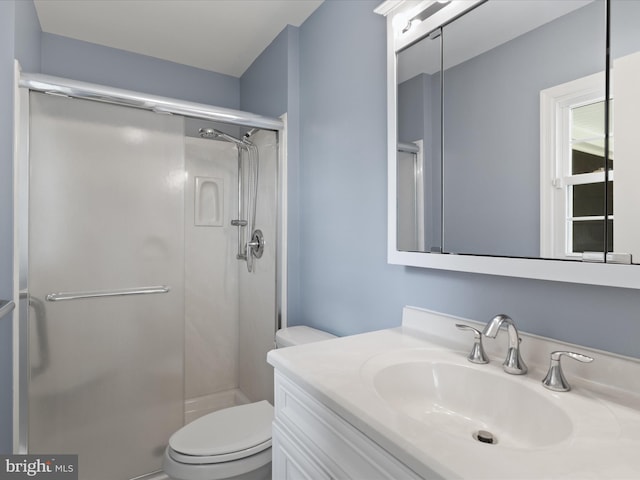 full bathroom featuring vanity, toilet, and a stall shower