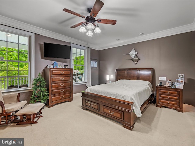 554 Wispy Branch Ln, Hedgesville, WV 25427 - bedroom with ornamental molding, light colored carpet, a ceiling fan, and baseboards