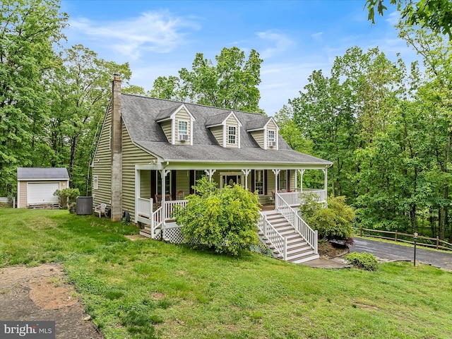 554 Wispy Branch Ln, Hedgesville, WV 25427 - view of front of home featuring a porch, a front yard, an outdoor structure, stairway, and a chimney