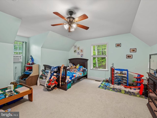 554 Wispy Branch Ln, Hedgesville, WV 25427 - carpeted bedroom with vaulted ceiling, a ceiling fan, cooling unit, and baseboards
