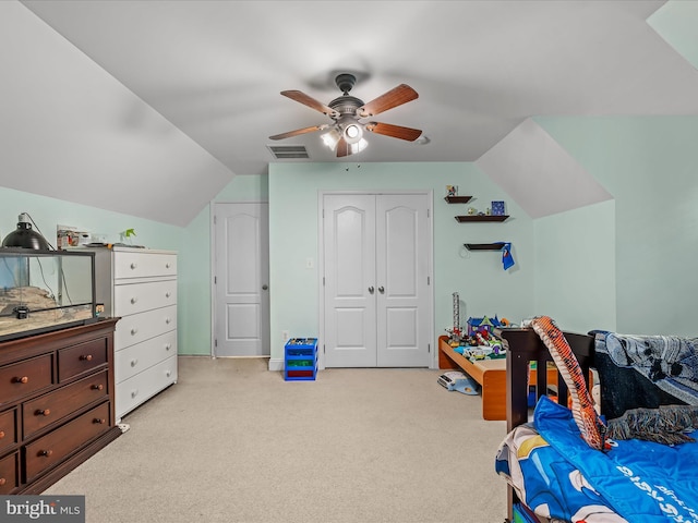 554 Wispy Branch Ln, Hedgesville, WV 25427 - bedroom featuring lofted ceiling, light colored carpet, a closet, and a ceiling fan