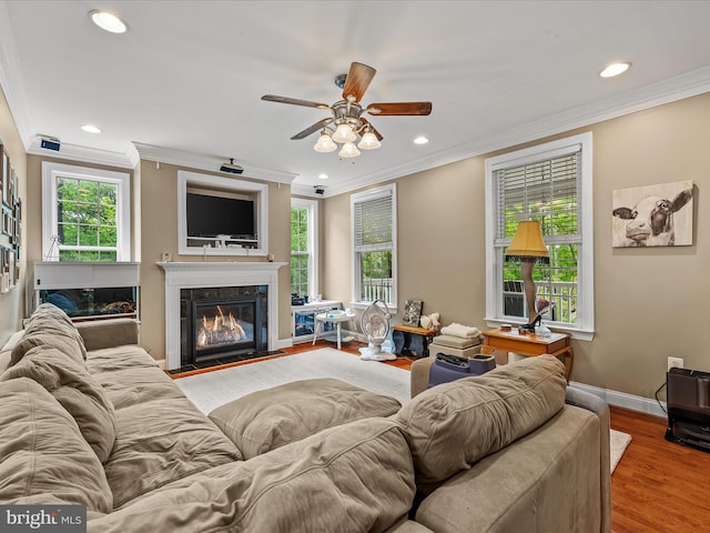554 Wispy Branch Ln, Hedgesville, WV 25427 - living area with crown molding, a ceiling fan, a fireplace with flush hearth, recessed lighting, and baseboards