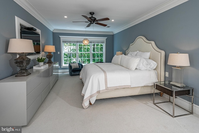 bedroom featuring recessed lighting, carpet flooring, and ornamental molding
