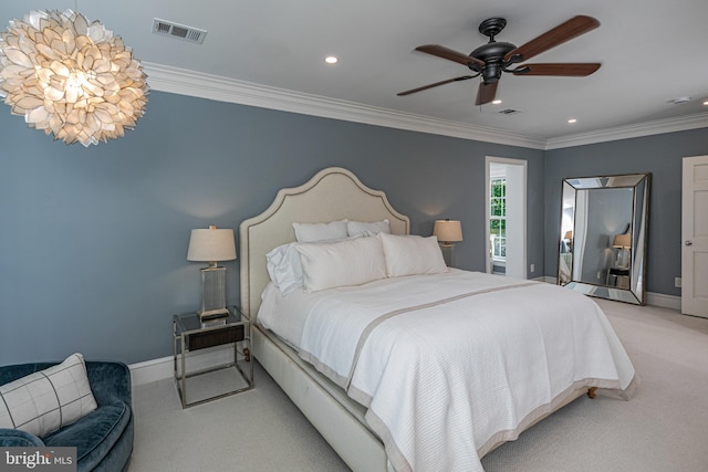 bedroom featuring visible vents, ornamental molding, baseboards, and light colored carpet
