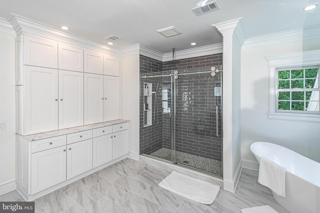 full bath featuring crown molding, visible vents, and a stall shower