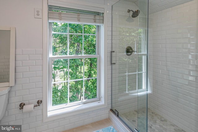 full bathroom with tile walls, plenty of natural light, and a stall shower