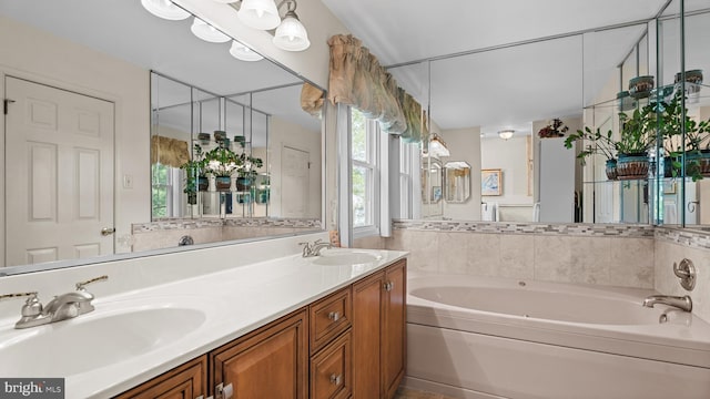 full bathroom with a garden tub, double vanity, and a sink