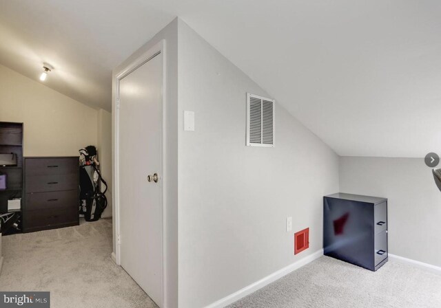 additional living space with carpet flooring, baseboards, visible vents, and lofted ceiling