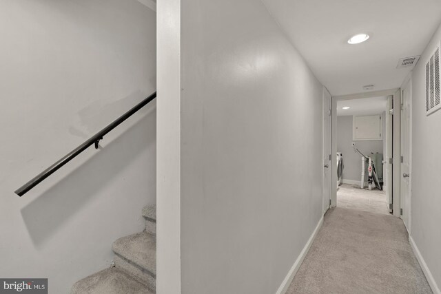 102 N Glover St, Baltimore, MD 21224 - hall with light carpet, stairs, recessed lighting, baseboards, and visible vents