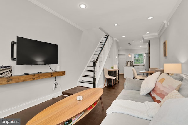 102 N Glover St, Baltimore, MD 21224 - living room with stairs, recessed lighting, baseboards, wood finished floors, and ornamental molding