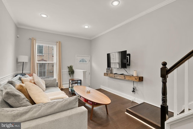 102 N Glover St, Baltimore, MD 21224 - living area with crown molding, recessed lighting, stairway, and dark wood-style floors