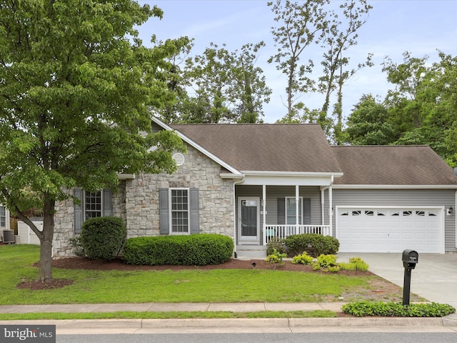 103 Potters Cir, Strasburg, VA 22657 - view of front of house featuring a porch, stone siding, an attached garage, driveway, and a front yard